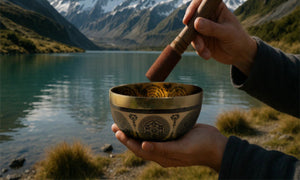 Person holding a tibetan singing bowl by a mountain lake