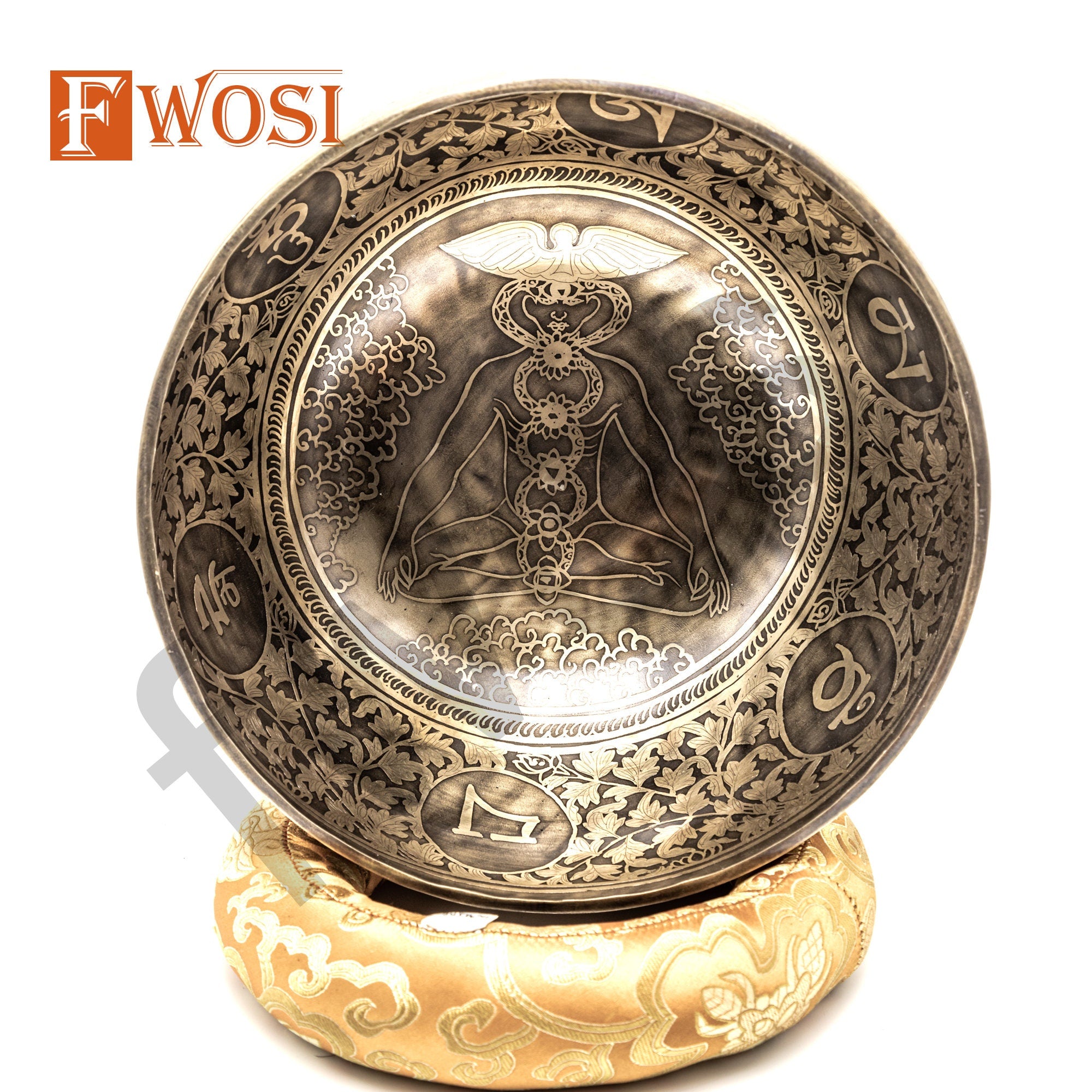 10 Inch Full Moon Yogi Carving Tibetan Antique Singing Bowl