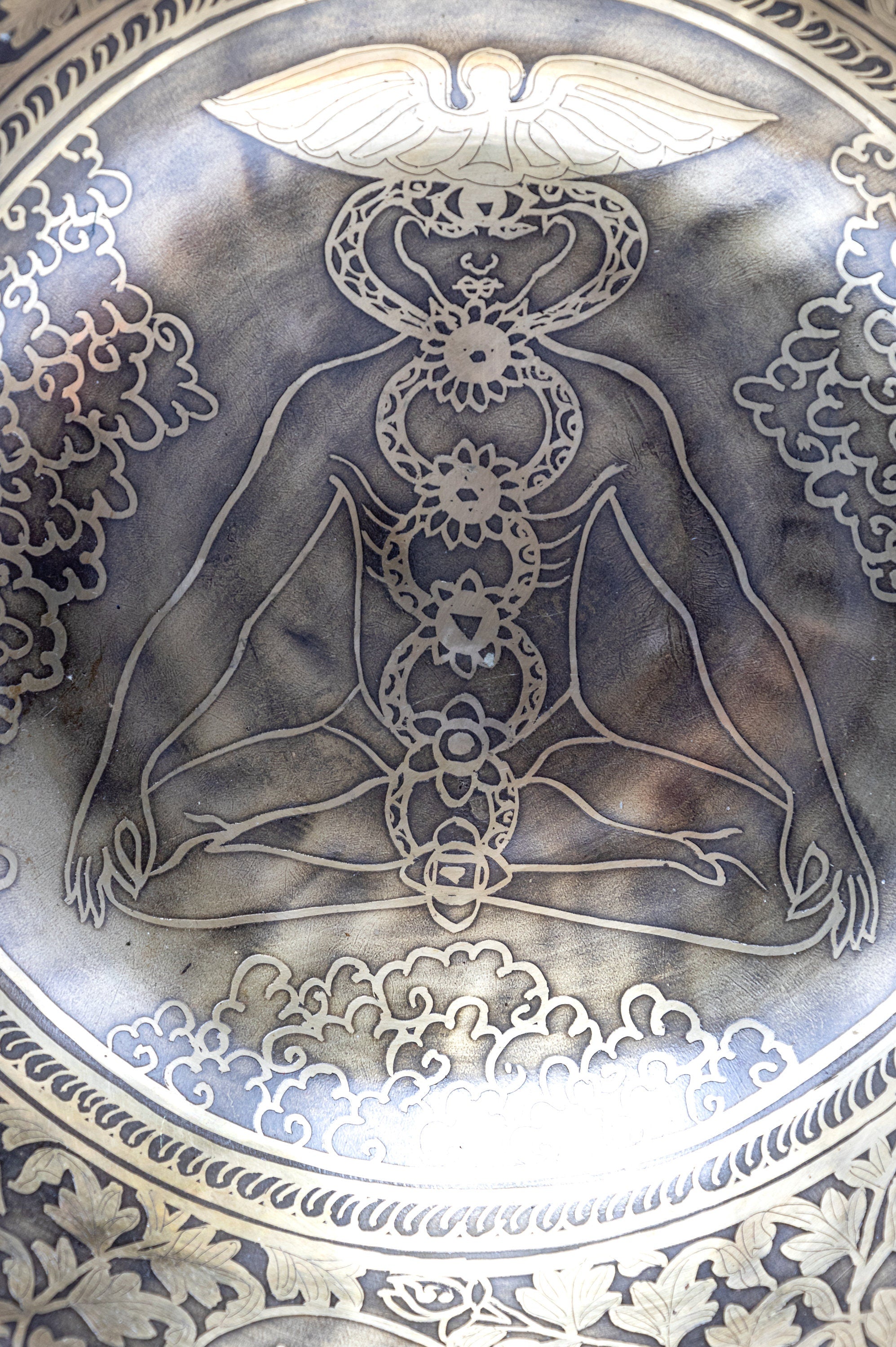 10 Inch Full Moon Yogi Carving Tibetan Antique Singing Bowl