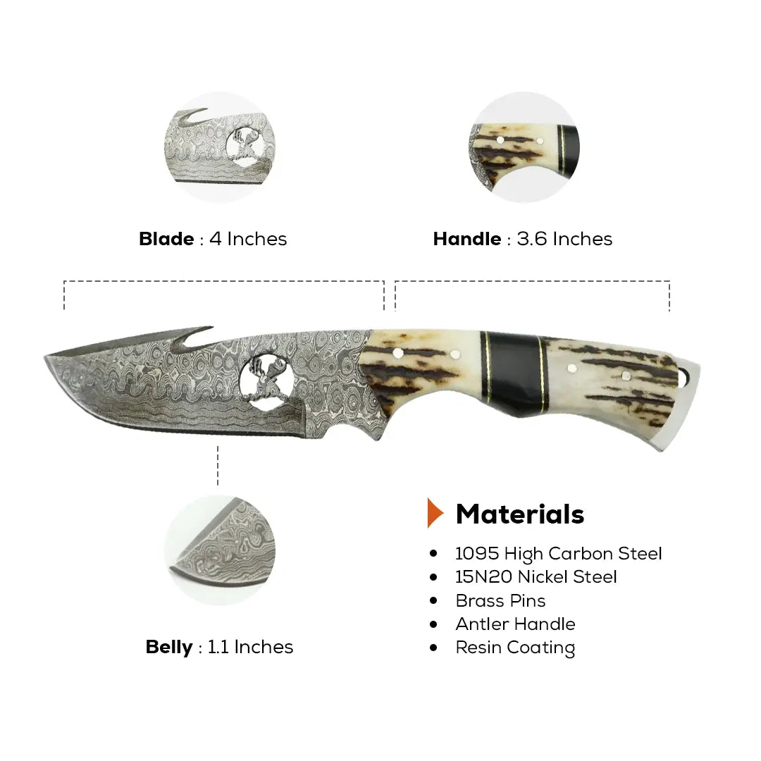 4 Inch Highland Stag Damascus Gut Hook Knife for Hunters - FWOSI