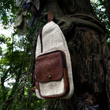 Handcrafted Hemp Cotton Sling Bag with Leather Strap, 100% Natural, Made in Nepal