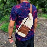 Handcrafted Hemp Cotton Sling Bag with Leather Strap, 100% Natural, Made in Nepal