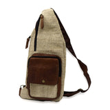 Handcrafted Hemp Cotton Sling Bag with Leather Strap, 100% Natural, Made in Nepal