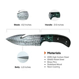 4 Inches Emerald Damascus Gut Hook Knife for Field Dressing