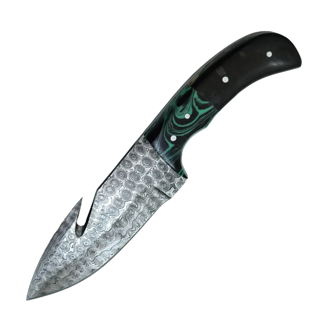 4 Inches Emerald Damascus Gut Hook Knife | Dressing | FWOSI 4 Inches Emerald Damascus Gut Hook Knife | Dressing | FWOSI