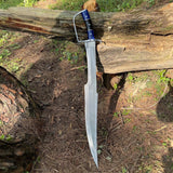 Exceptional Double-Edged Sword with D-Guard, Balance Oil Tempered Hunting Knife with Horn & Blue Stone Handle