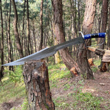 Exceptional Double-Edged Sword with D-Guard, Balance Oil Tempered Hunting Knife with Horn & Blue Stone Handle