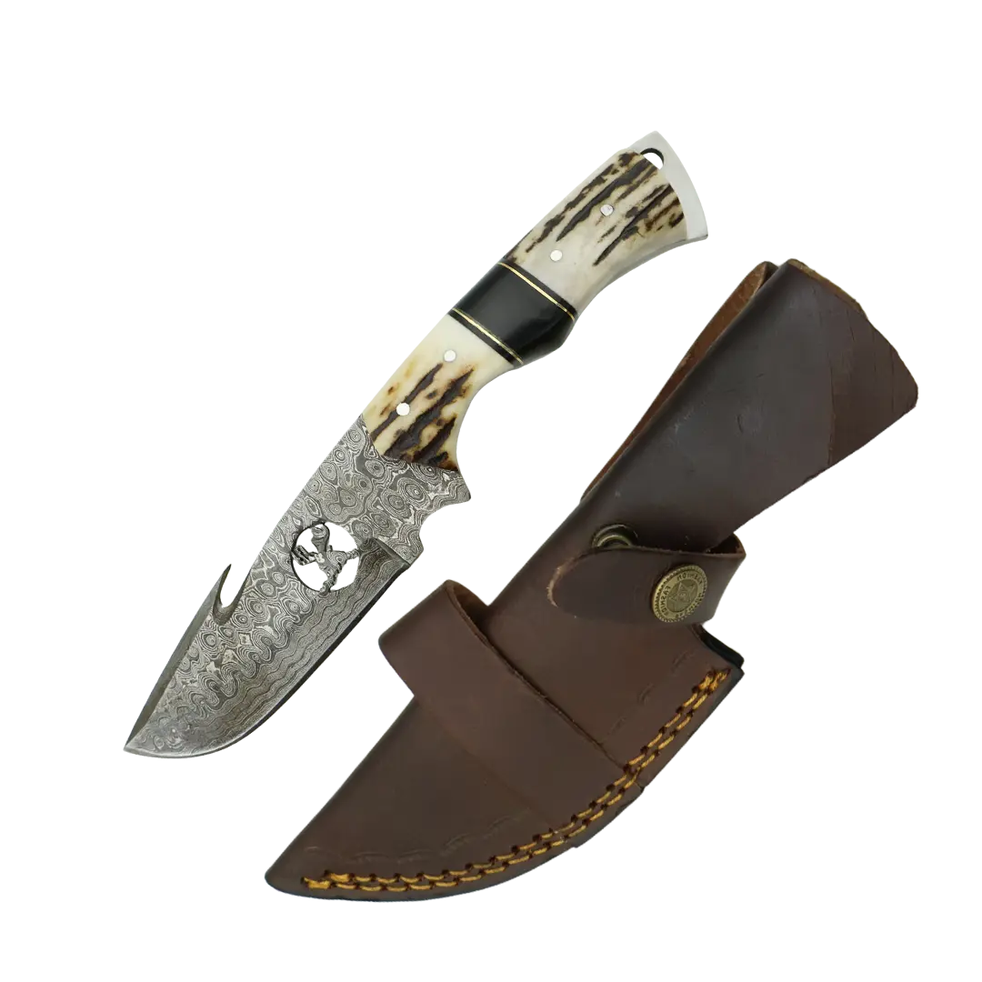 4 Inch Highland Stag Damascus Gut Hook Knife for Hunters - FWOSI