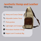 Handcrafted Hemp Cotton Sling Bag with Leather Strap, 100% Natural, Made in Nepal