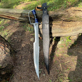 Exceptional Double-Edged Sword with D-Guard, Balance Oil Tempered Hunting Knife with Horn & Blue Stone Handle