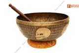 13 Inch Skull Carving Tibetan Singing Bowl, Antique Sound Bowl Set with Mallet & Cushion | Instrument for Chakra Healing, Yoga, Meditation - FWOSI