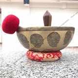13 Inch Skull Carving Tibetan Singing Bowl Mallet & Cushion | Antique Mindfulness Bell Sound Bowl for Yoga Therapy | Meditation Bowl - FWOSI
