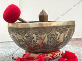 16 Inch Ganesh Carving Tibetan Singing Bowl Mallet & Cushion | Antique Sound Bowl Mindfulness Bell for Yoga Therapy and Meditation - FWOSI