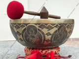 16 Inch Lord Buddha Carving Tibetan Singing Bowl | Antique Handmade Sound Bowl Set with Mallet & Cushion | Yoga and Meditation Bell - FWOSI