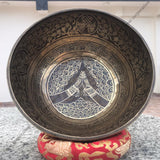 18 Inch Namaste Carving Tibetan Singing Bowl Mallet & Cushion | Antique Mindfulness Bell Sound Bowl for Yoga | Meditation Bowl - FWOSI