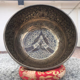 18 Inch Namaste Carving Tibetan Singing Bowl Mallet & Cushion | Antique Mindfulness Bell Sound Bowl for Yoga | Meditation Bowl - FWOSI