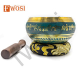 5 Inch Gold and Green Tibetan Singing Bowl Set | Antique Meditation Ring Healing Sound Bowl | Copper Bowl - FWOSI