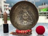 15 Inch Yogi Carving Tibetan Singing Bowl Mallet & Cushion | Antique Sound Bowl Meditation Bell for Yoga | Healing Bowl | Self-Care Gift