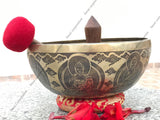 16 Inch Lord Buddha Carving Tibetan Singing Bowl | Antique Handmade Sound Bowl Set with Mallet & Cushion | Yoga and Meditation Bell