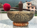 15 Inch Yogi Carving Tibetan Singing Bowl Mallet & Cushion | Antique Sound Bowl Meditation Bell for Yoga | Healing Bowl | Self-Care Gift