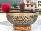 15 Inch Yogi Carving Tibetan Singing Bowl Mallet & Cushion | Antique Sound Bowl Meditation Bell for Yoga | Healing Bowl | Self-Care Gift